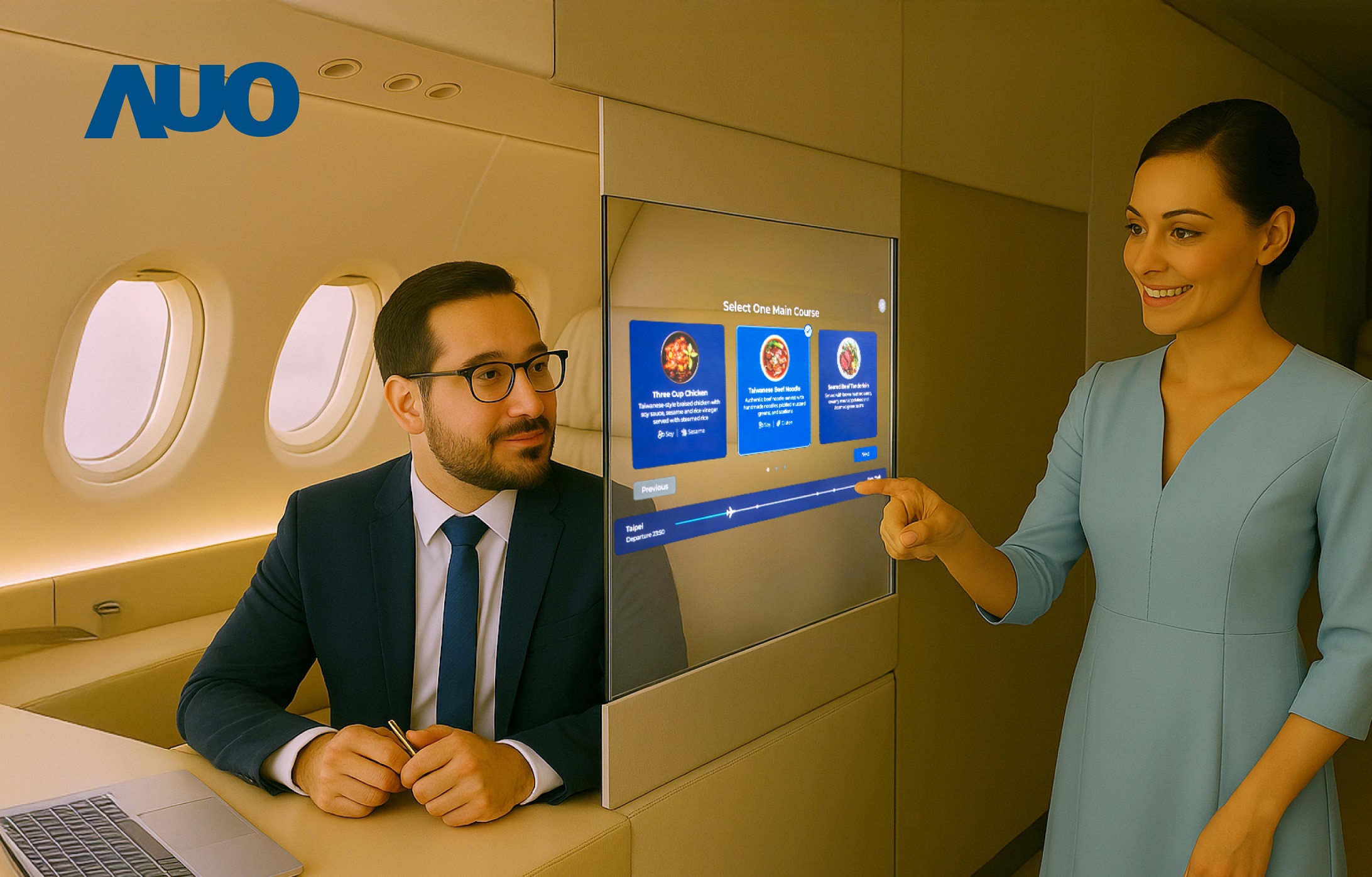 haobotiyu-好博(中國)研發全球最薄17.3 吋雙面透明 Micro LED 顯示器，可在同一螢幕之雙邊投射不同資訊，創造獨特的「透明化」互動；圖為即時翻譯交流應用情境